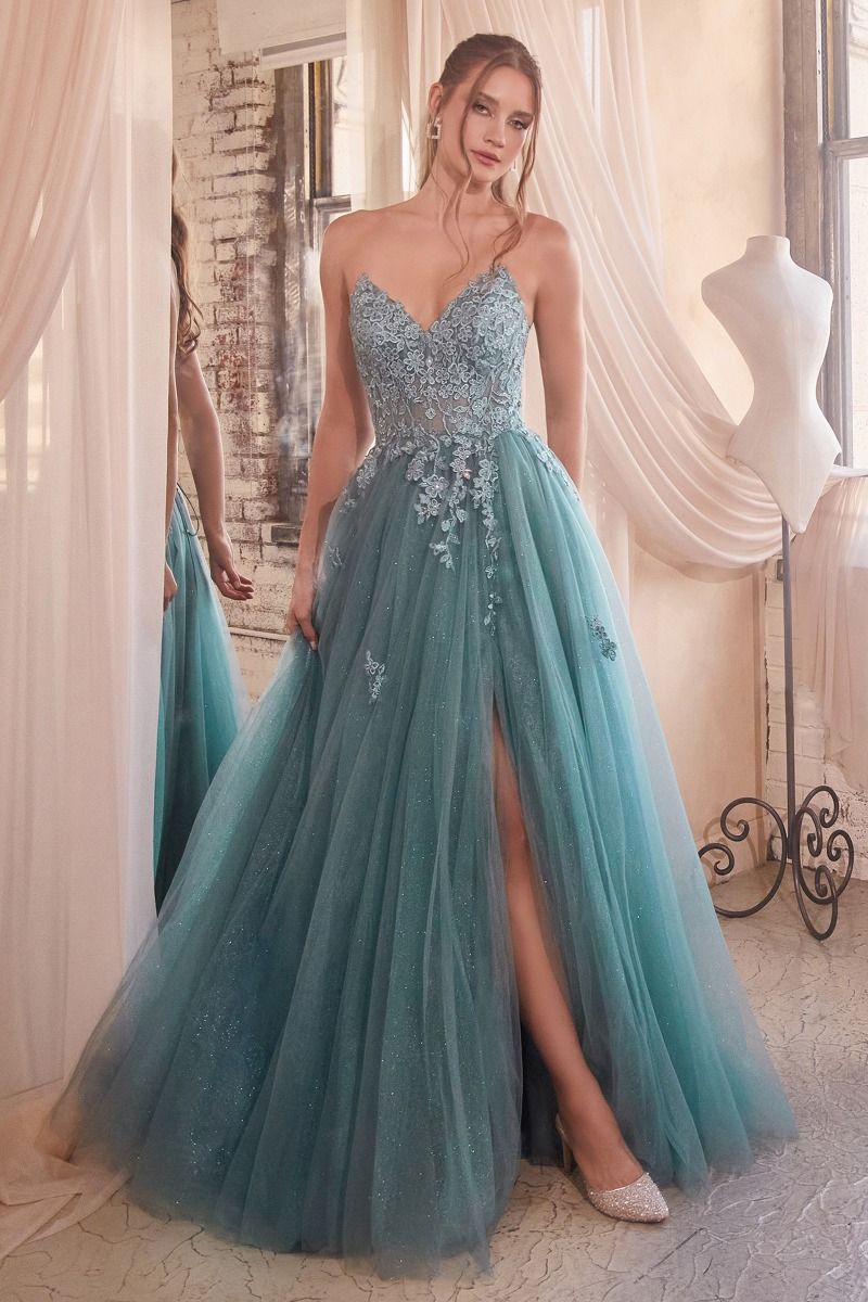 Dusty Teal, Mauve Rose A-Line Glitter Tulle Gown with Floral Appliqué and Slit CDC148-0